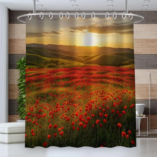 ZISTRCBAO Duschvorhang Anti-Schimmel,180 * 180cm Wasserdicht Antibakteriell Vorhang für Dusche und Badewanne für Kinder,3D Sonnenuntergang Ebene Blumenland,inkl 12 Duschvorhangringen