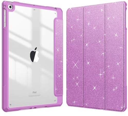 Fintie Hybrid Hülle für iPad (6./5. Gen)2018/2017, iPad Air 2/ Air 9.7 Zoll | Schlankes Hard-PC-Case, Transparent, stoßfest, Standfunktion, Stifthalter & Auto-Sleep/Wake, Glitzer Lila