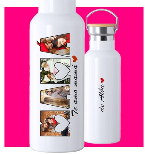 Botella Térmica Personalizable con Fotos para Mamá, 500ml, Blanca, con Tapa de Bambú y Dedicatoria