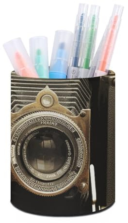 LPSADGF Joli porte-stylo rond en cuir synthétique pour bureau, vieux pot à crayons d'appareil photo, organiseur de bureau étanche pour bureau, maison, papeterie et rangement de pinceaux de maquillage