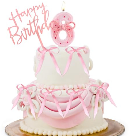Number 6 Pink Bow Candle for Birthday Cake with 6 Ribbons - 2.75 Large Glitter Pink Birthday Decoration for 6th Birthday Party, Anniversary & Coquette Girl Party Supplies