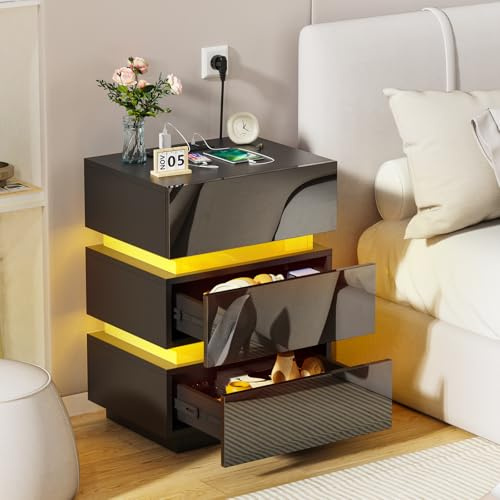 HaodaCulture Nachttisch mit led, Nachtschrank Schwarz, Nachttisch mit Steckdose, 2 AC Steckdosen, 2 USB Anschlüsse, Nachtschrank Holz Beistelltisch für Schlafzimmer 45x35x62cm