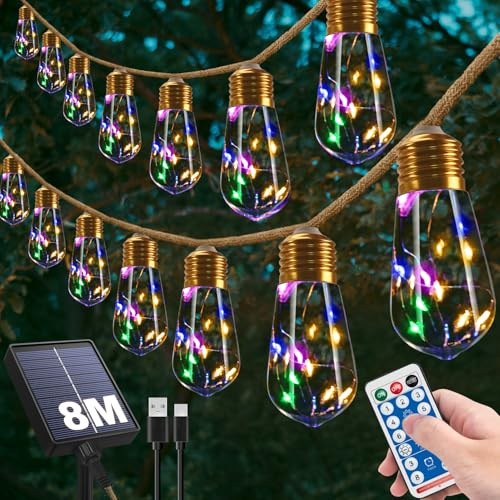 RISEMART Solar Lichterkette Aussen Mit 16 Glühbirnen, 8M Solar Lichterkette Outdoor mit 8 Modi, Fernbedienung Wetterfest Gartenbeleuchtung für Garten, Balkon, Hof, Party, Hochzeit - RGB Licht