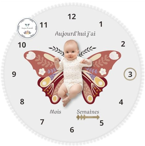 Mybabyoli Couverture Etape Bébé en Français- Tapis Photo Bebe Rond 12 Mois Fille, Garçon- Unisexe Papillon Tapis Bebe Mois- Cadeau Naissance Baby-Shower Future Maman+ Carte Bois Personnalisé. (Rose)