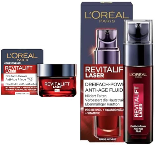 L'Oréal Paris Set: Revitalift Filler Laser Day Cream with Triple Power for Women, Vitamin C, Pro-Retinol 50ml, and Revitalift Laser Serum, Anti-aging Facial Care with Hyaluronic Acid, 30 ml