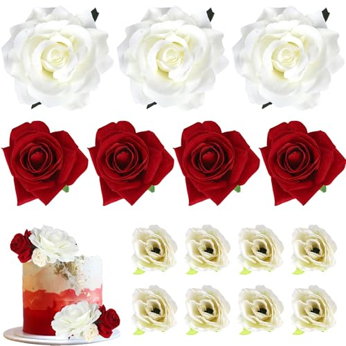 SYKYCTCY 10 Pack Roses Artificial Flowers Cake Topper DIY Wedding Artificial Roses Cake Decorations for Bridal Shower Birthday Wedding Anniversary Party Decorations White Red