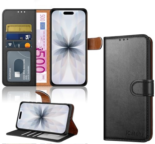 iCatchy iPhone 17 Case Leather Wallet Case, Flip Protective Case Cover with Wallet Card Holder, Stand RFID Blocking - Black PU Leather with Magnetic Closure for iPhone 17