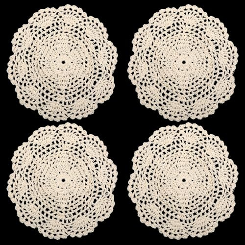 4 Pcs Vintage Crochet Doilies for Tables 8 Inch Beige Round Lace Doily