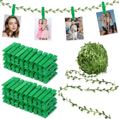 Mini Wooden Clips for Photos with Leaf Twine - Decorative Clothes Pins Wooden for Hanging Pictures, Scrapbooking & Art Crafts - Small Close Pins for Cocktail Garnish, Bridal Shower, & Garden Party