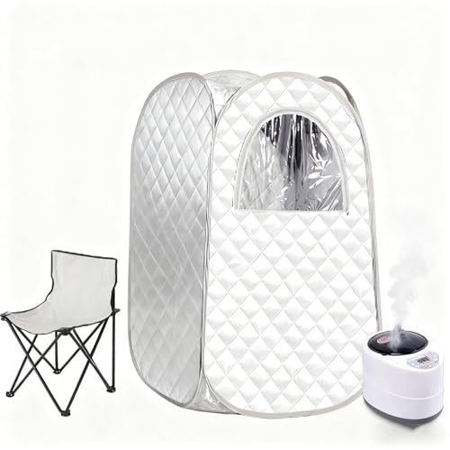 Portable Steam Sauna Box Personal Home Pop up Sauna Tent with 3l 1500w Steamer 9-Level Steam and 95 Min Timer Fast Heating Foldable Chair Included for Relaxation (White, Deluxe Edition)