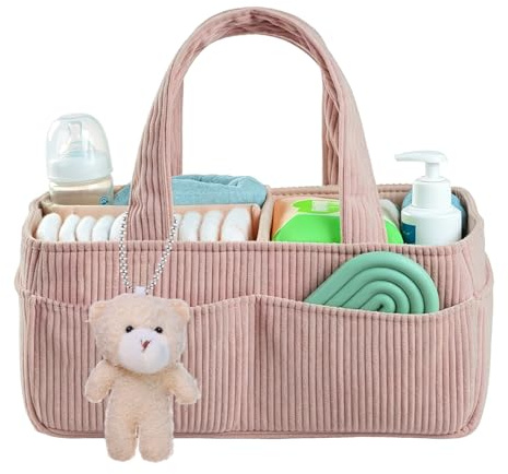 HOVCEH Wickeltasche Organizer, Tragbarer Wickelkorb mit Fächern & Griffen, Large Wickel Organizer, Diaper Caddy mit Teddybär, Reisen Wickelorganizer für Baby Car Wickel Bags (Rosa)