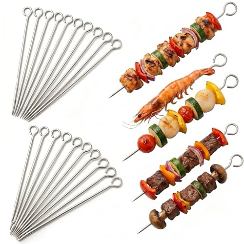 Metal BBQ Skewers, 20cm Stainless Steel Kebab Sticks, 20 Pack | Reusable stainless steel, Rust-resistant, 20cm length, Suitable for air fryers & ovens, Easy to clean