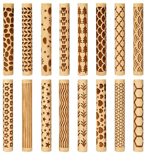 Sixfolo 16 Pcs Wooden Clay Texture Roller for Pottery Ceramics,10x1.5cm | 16 Styles Small Pottery Pattern Rollers,Wood Textured Roller for Clay,Modeling Pattern Rolling Pin for DIY Crafts
