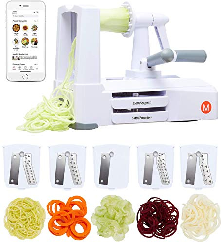 Mealthy 5-Blade Spiralizer | Vegetable Slicer with Durable Stainless Steel Blades | Kitchen Cooking Tool | Spiral Zoodle Maker with Catch & Store Container | Includes iOS & Android Recipe & Video App
