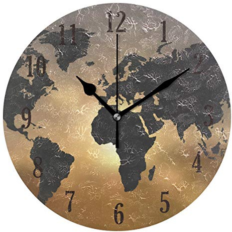 Mnsruu Round World Map Sunset Wall Clock Silent Non Ticking Operated Accurate Sweep Movement,Decorative for Living Room, Bedroom, Office
