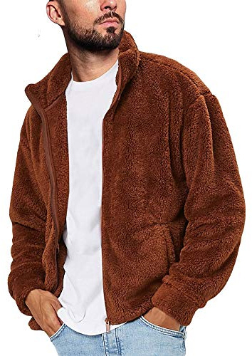 Runcati Mens Fuzzy Sherpa Jacket Cardigan Fleece Long Sleeve Full Zip Open Front Thermal Coat Fall Winter Outwear
