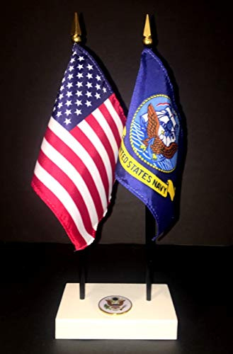 Made in the USA 4x6 American and U.S. Military Executive Desk Flag Set – White ArcticSno Base with Great Seal – Includes Two Premium Rayon Flags (Navy Executive Desk Set)