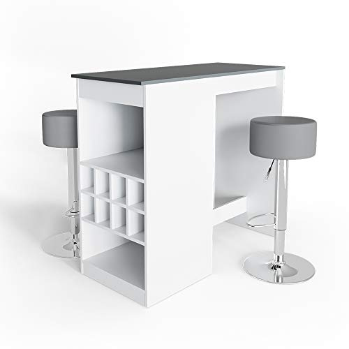 Vicco Set de Mesa de Bar Ross, Blanco/Antracita, 115 x 50 cm con 2 taburetes de Bar, Apto como Mesa de Comedor o de pie con estantes Abiertos