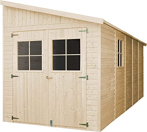 Abri de Jardin en Bois Naturel (avec paroi latérale)- Stockage extérieur avec fenêtres- H244x218x514 cm/10 m2, Hangar en Bois Naturel - Atelier Rangement Outils et vélos- TIMBELA M341A