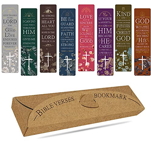 48 stycken bibelverser bokmärken med korsutskärningsdesign – laminerade bokmarkörer med förvaringsbox, stor religiös kristen present till män, kvinnor, barn, läsbelöning, kyrkmaterial