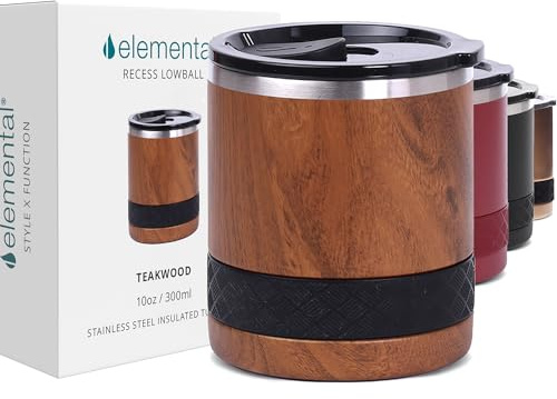 Elemental infällning lågbollsbehållare, 295 ml trippelvägg rostfritt stål kopp med icke-krossat tritanlock, isolerat whiskyglas, isolerat kaffeglas mugg för varma och kalla drycker – teakträ