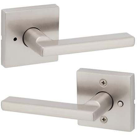 Kwikset Halifax, Door Handle Lever Privacy Door Lock for Bedroom and Bathroom with Microban, Square Rose in Satin Nickel