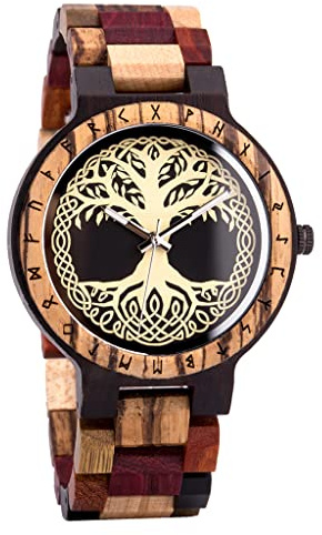 YCYR Wikinger Baum des Lebens Holzuhr, Herren Nordische Mythologie Yggdrasil Rune Quarzuhren, Handgefertigte Vintage Verstellbare Armband Schmuck Geschenk