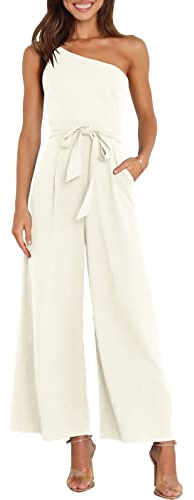 ANRABESS Women Summer Dressy Jumpsuits One Shoulder Sleeveless Casual Wide Leg Pants Romper Jumper 2025 Trendy Fall Outfits White Medium