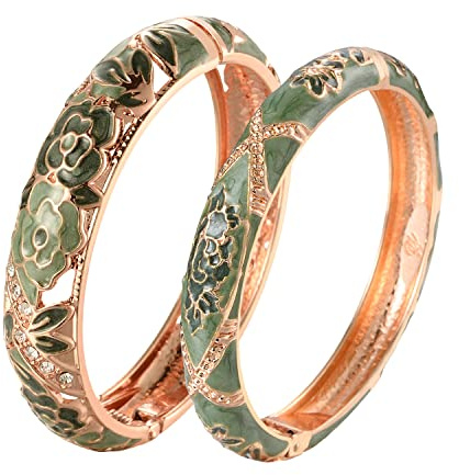 Wynameleri UJOY Enamel Bangle for Women, Handmade Floral Bracelet for Lady, Vintage Jewellery Gift, 2 Pcs Green & Gold Heart Mum Bracelet Copper, Mothers Day Gifts from Daughter