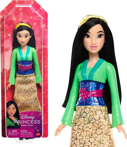 Mattel Disney Prinzessin-Spielzeug, bewegliche Mulan-Modepuppe mit glitzernder Kleidung und Accessoires, inspiriert vom Disney-Film, Geschenk für Kinder, HLW14