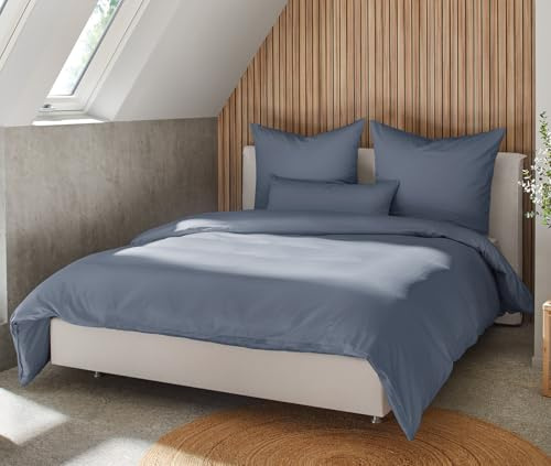 BEFA NATUR Made in Germany Bettwäsche Set, Bettbezug 155x220 cm und Kissenbezug 80x80 cm aus Baumwolle-Satin, Allergiker geeignet, Öko-Text 100 Klasse 1 Zertifiziert - Marine