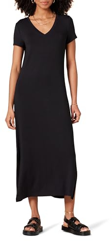 Amazon Essentials Robe mi-Longue en Jersey à Manches Courtes et col en V Femme, Noir, M