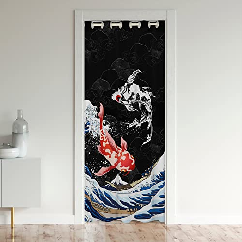 Loussiesd Tenda per porta in stile giapponese, per la privacy, con motivo pesci, blocco del calore, oscurante, per camera da letto, 86 x 203 cm, 1 pannello