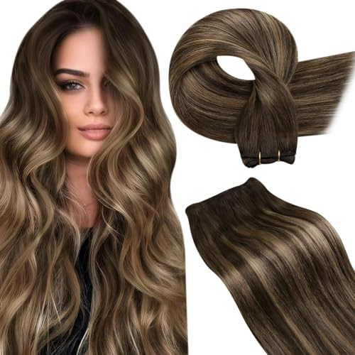 LaaVoo Tressen Echthaar Braun Extensions Tressen Zum Einnähen Dunkelbraun Balayage Karamellblond Haarverlängerung Echthaar Remy Glatt 100G #4/27/4 45cm