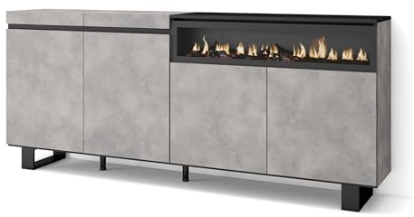 Skraut Home | Aparadores para salón | Gran capacidad de almacenaje | 200x87x35cm | 4 Puertas | Chimenea eléctrica | Diseño industrial | Estilo Moderno | Cemento