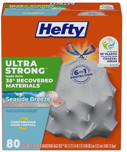 Hefty Bolsas de basura altas ultra fuertes para cocina, 35% de materiales recuperados, brisa junto al mar, 13 galones, 80 unidades