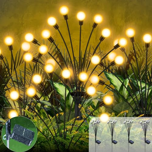 RJEDL Solar Lichterkette Outdoor, 4 Stück 10LED Glühwürmchen Solar Außen, 8 Modir Glühwürmchen Licht IP65 Wasserdicht Solar Lichterkette Außen für Garten,Terrasse,Strauchwerk