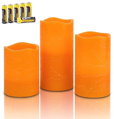 Rhytsing Lot de 3 bougies piliers à LED orange sans flamme à piles avec minuterie pour l'automne, Halloween et Thanksgiving, bougies LED à piles rustiques design 6 piles incluses - H 10/12,5/15 cm