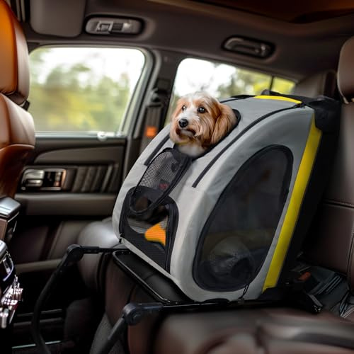 BingoPaw Foldable Dog Trolley Transport Box: Dog Travel Box for Car Back Seat, Mesh Doors for Ventilation, Dog Buggy with 4 Wheels and Adjustable Handle