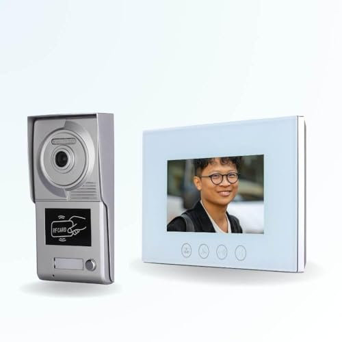BT Security Portier interphone vidéo Classic 4 Fils pour 2 entrées - 1 Appartement - 2 platines - 1 écran Blanc 7 - avec mémoire Photos - avec Lecteur de Badge