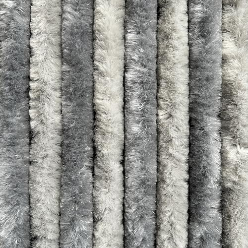 EXPLORER® Flauschvorhang 90x220 cm Wohnwagen Türvorhang für Wohnmobil/Balkontür Vorhang aus Chenille als Insektenvorhang Flausch Fliegenvorhang Camping Terrassen Tür Fliegenschutz Silber/Grau
