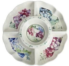 Brandani 51191 Servierschale Flora, Porzellan, Durchmesser 27 cm, Blumendekorationen, zarte Hortensien und Blätter, Spülmaschine, Mikrowelle, Backofen, Gefrierschrank