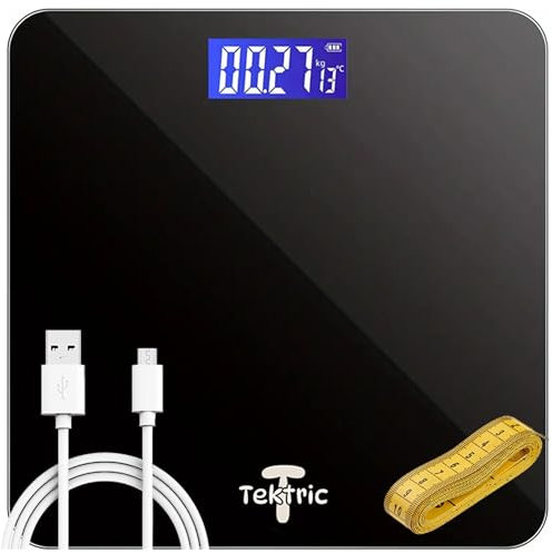 TEKTRIC Digital Bathroom Scales for Body Weight, Rechargeable Weighing Scales in KG/LB, Weight Scales for People, Weight Machine Digital Electronic Bath Body Scales with USB Charging Cable, Body Tape