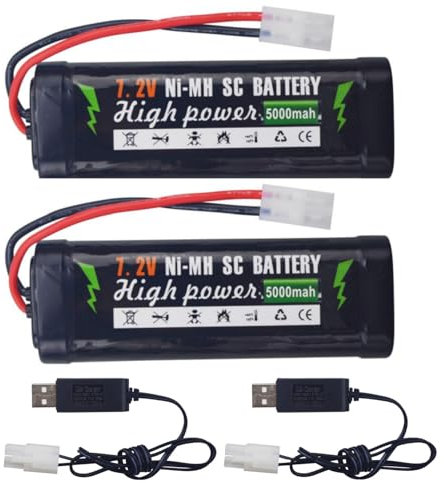 2PCS 7.2V 5000mAh NiMH Battery with KET-2P Plug with USB Charger for RC Truggy Buggy Tanks Racing RC Cars Trucks High Power with Tamiya Connector Battery