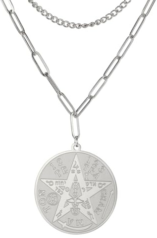 Dreamtimes Tetragrammaton Anhänger Pentagramm Halskette für Männer Frauen Wiccan Schutz Amulett Pentagramm Stern Halskette Salomon Edelstahl Amulett Energie Anhänger Halskette (Silberne Doppelkette)