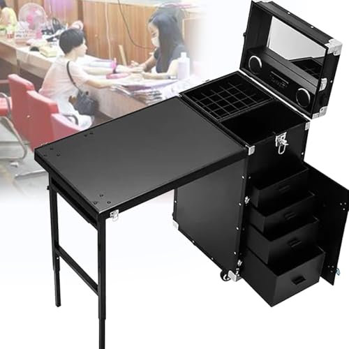 DPLWJPP Mesa Manicura con Ruedas Portátil Escritorio Uñas Viaje Plegable,Estuche Tren Maquillaje con Cerradura,para Salón Maquillaje Organizador Almacenamiento Carro Cosmético Viaje,Black
