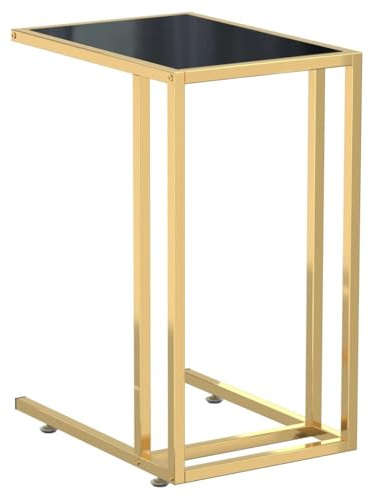 Natulvd C-förmiger Beistelltisch, Nachttisch, kleiner Sofa Beistelltisch, Couchtisch mit Metallgestell, Industrie für Wohnzimmer, Schlafzimmer, 50x35x65cm, Goldenes Gestell, Schwarzes Glas