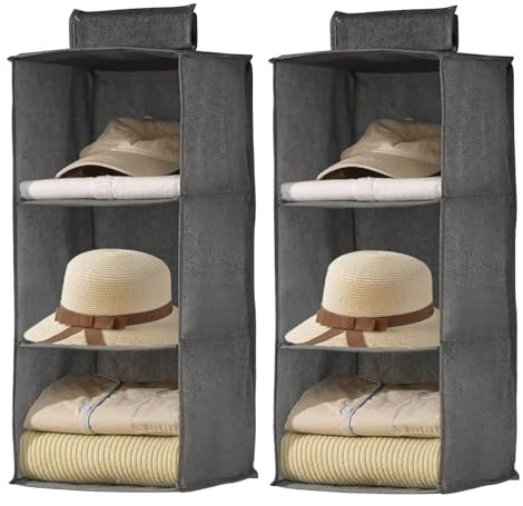 Minnhua 2Pcs Hanging Wardrobe Organiser Hanging Storage Shelves with 3 Shelves Foldable Wardrobe Clothes Organiser for Clothes Accessories for Bedroom Grey