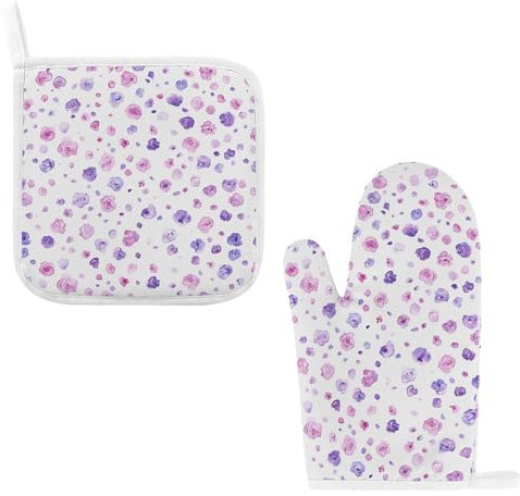 2 Pack Set Oven Mitts Pot Holders for Kitchen Heat Resistant Pot Holders Set Small Purple Rose Cooking Oven Glove with Cotton Lining Non-Slip Extra Thick Oven Mitts