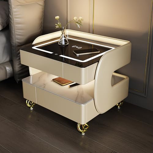 GXXINGIN High-gloss and gorgeous smart LED bedside table, double-layer storage drawer with wireless charging station and USB interface, modern solid wood furniture smart coffee table: smart Bluetooth